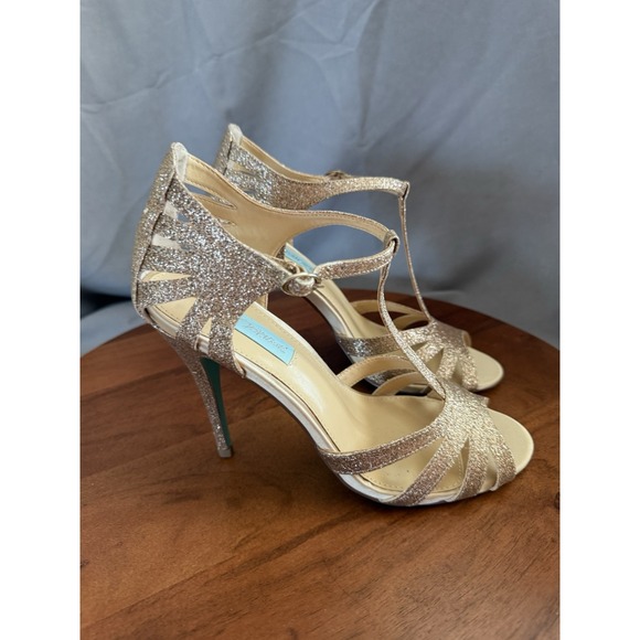 Betsey Johnson Shoes - Blue By Betsey‎ Johnson Champagne SB-Tee Sparkle T-Strap Heels Women's Size 9